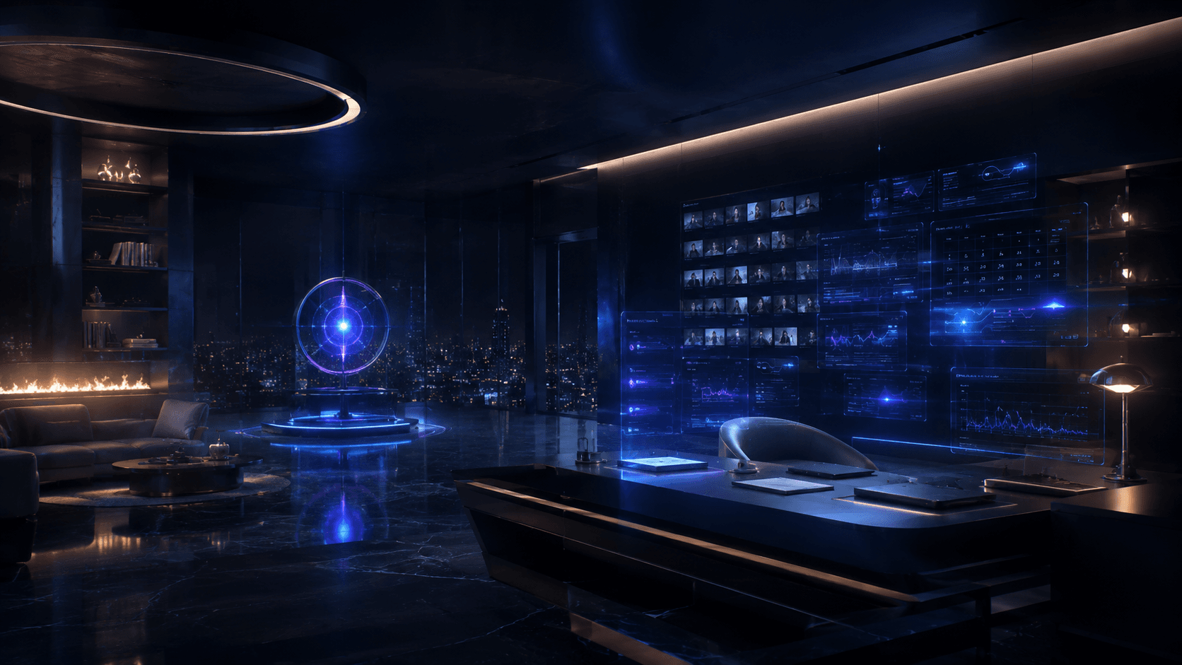 A dark luxury interior with a holographic AI core hovering near a fireplace, glass dashboards covering the back wall, and a marble desk lit by blue and violet light.